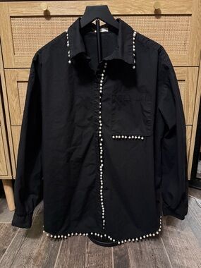 Black Button-Down Shirt with Pearl Trim